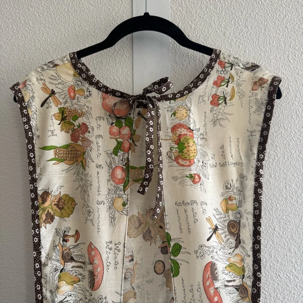 Vintage Floral Fruit Mushroom Print Apron Dress Tie Back Trad Cooking Cottage - Picture 11 of 13